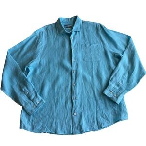 Johnnie-O Hangin Out Felix 100% Linen Button‎ Up Shirt in Barbados Blue L
